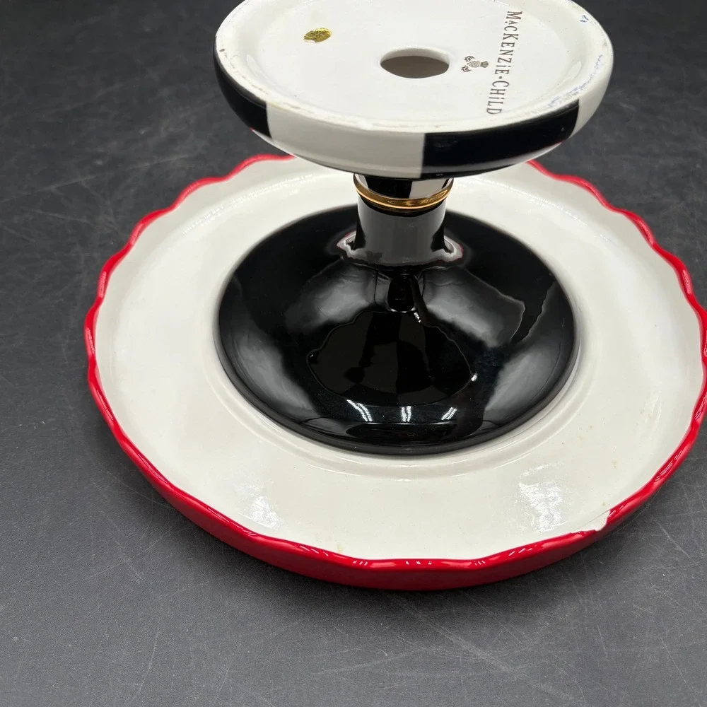 MacKenzie-Childs Cardinal Floral Cake Stand Courtly Check Base Red White Black